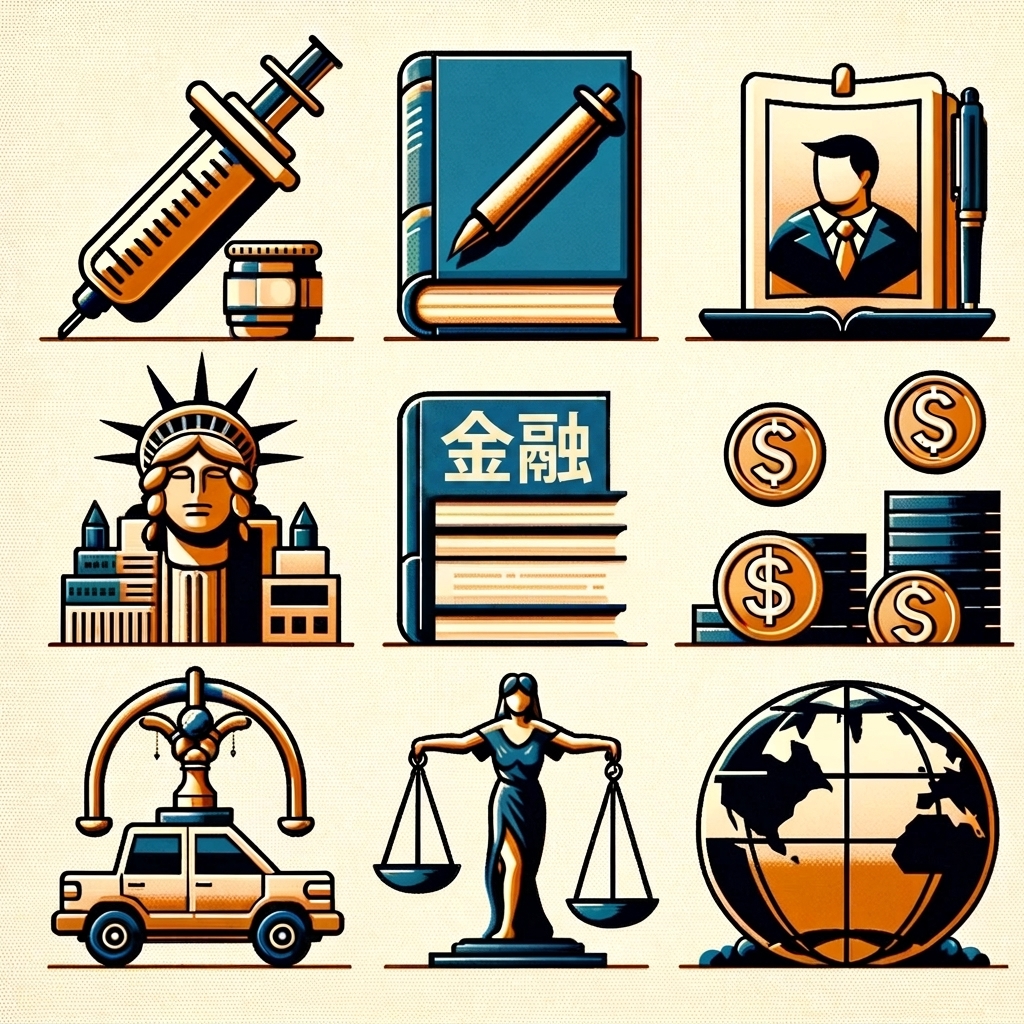A grid of nine stylized icons related to various aspects of society, governance, and economy