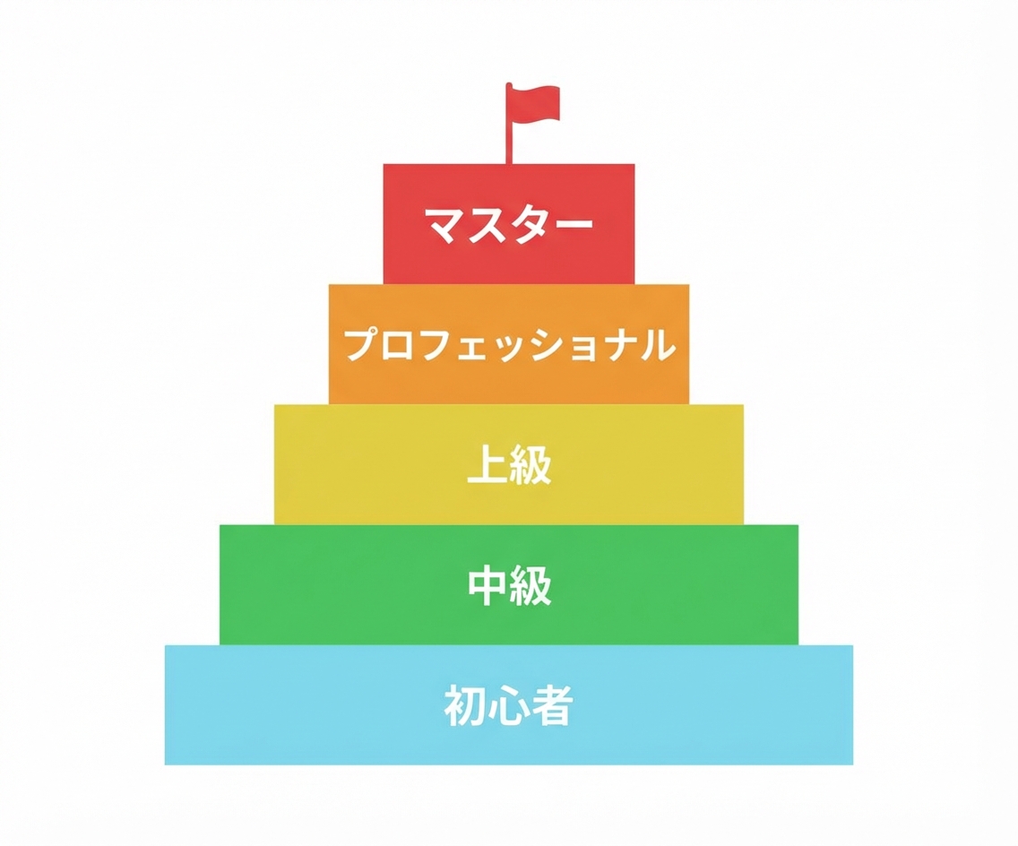 初心者からマスターまで段階色分けのピラミッド図
