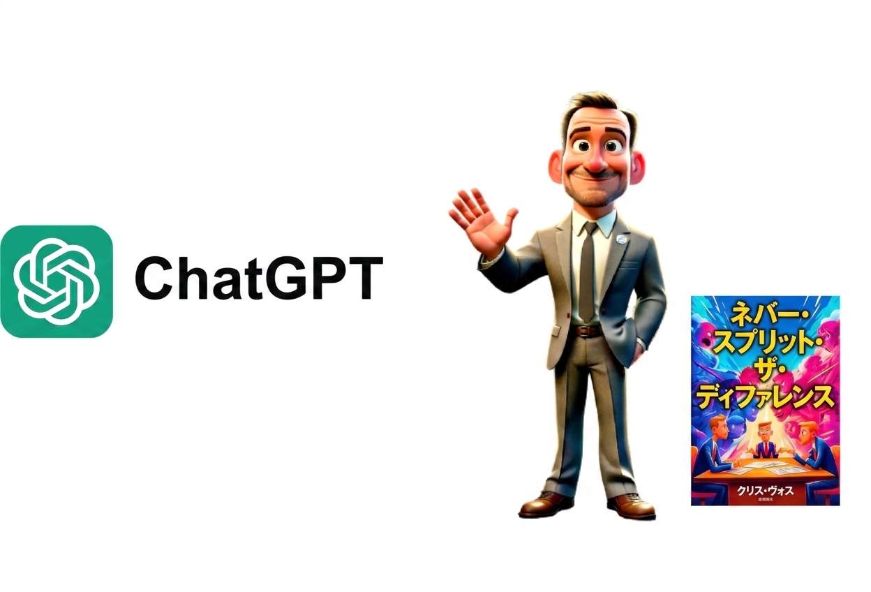 ChatGPTのロゴ、手を振るスーツ姿の男性、書籍「Never Split the Difference」が描かれている