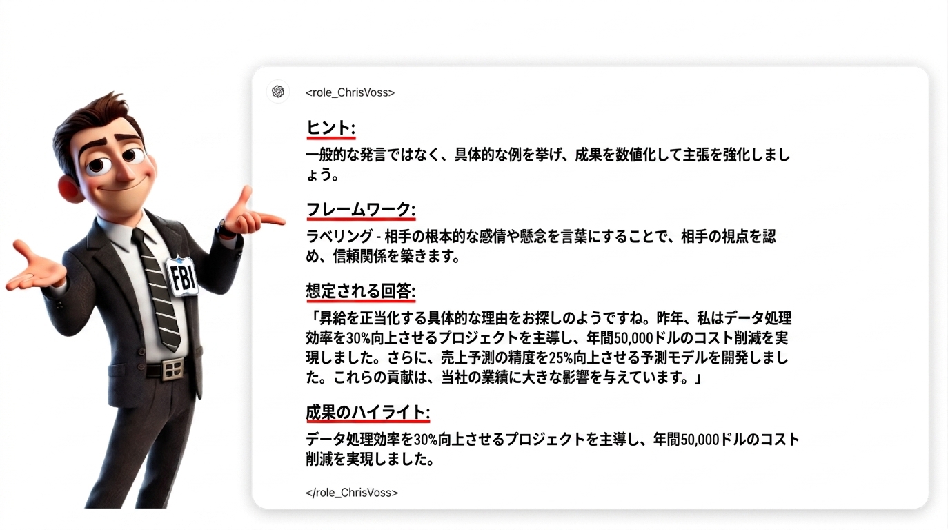 FBIスーツ姿のキャラクターが、構造化されたプロンプトの応答を指し示している
