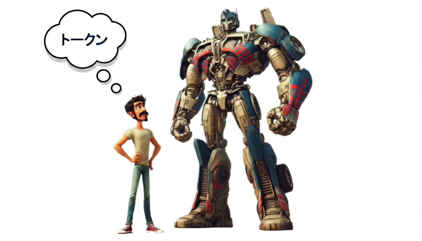 Transformer風キャラクターを見て「Tokens」を思い浮かべる男性のイラスト