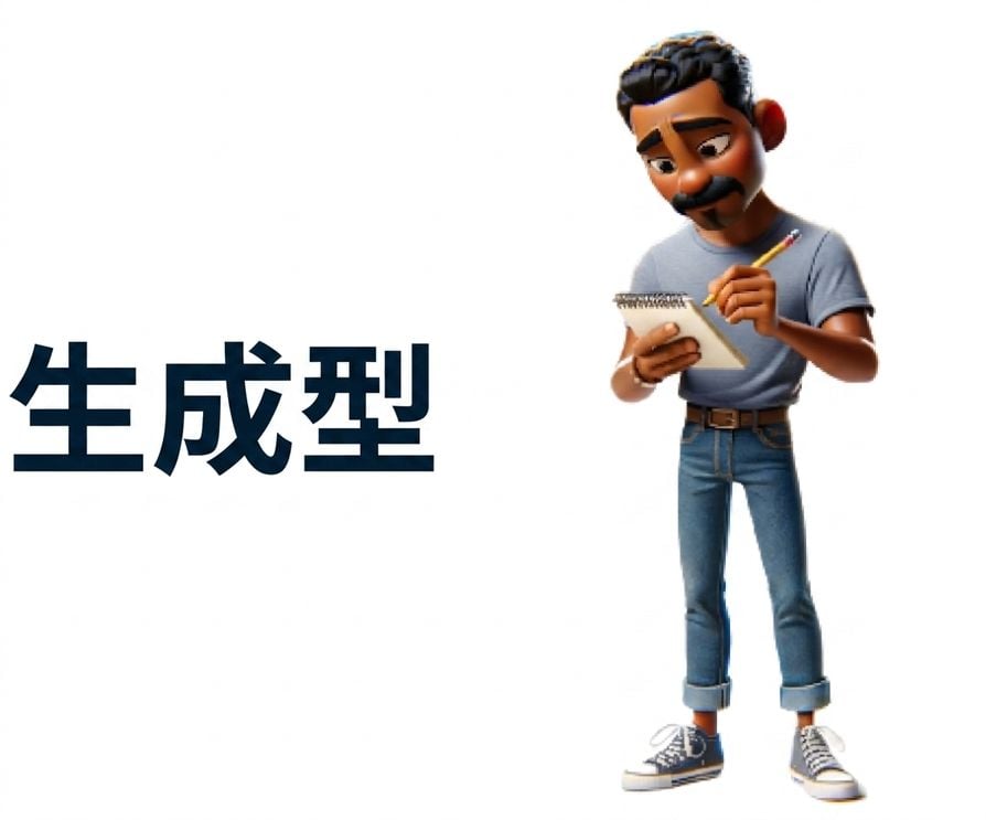 ノートに鉛筆で書く男性のイラスト。左に「Generative」の語