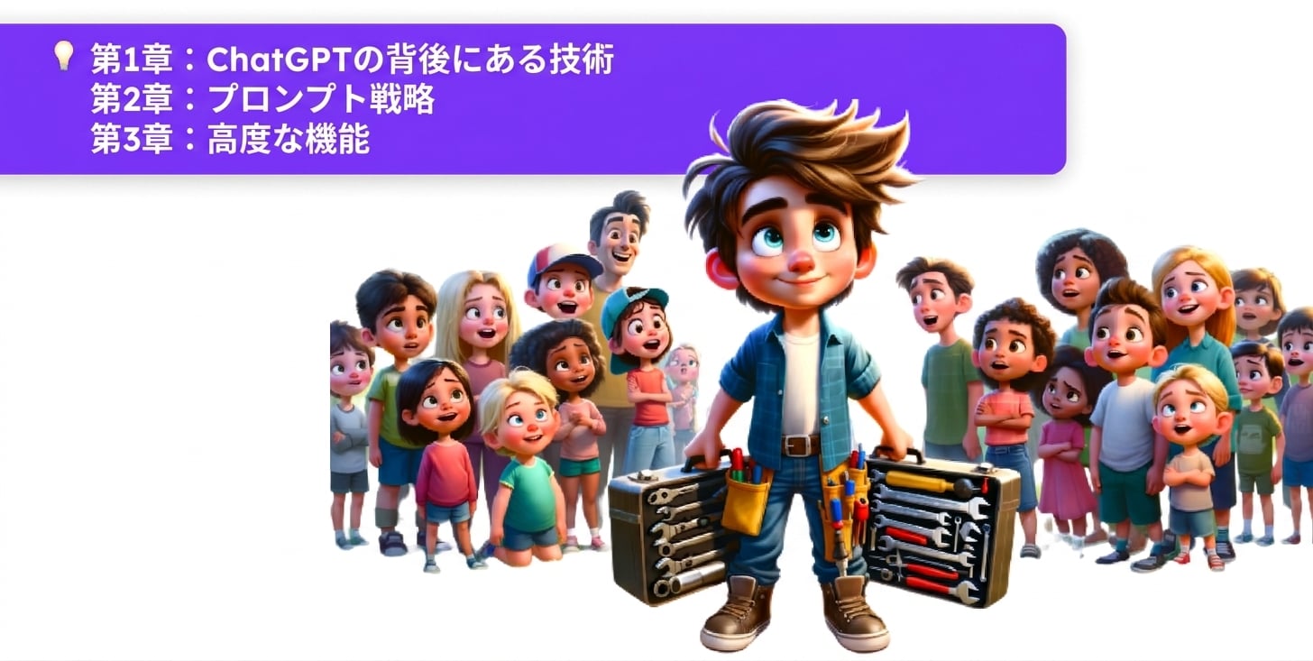 観衆に囲まれ、道具を手にする人物のイラスト