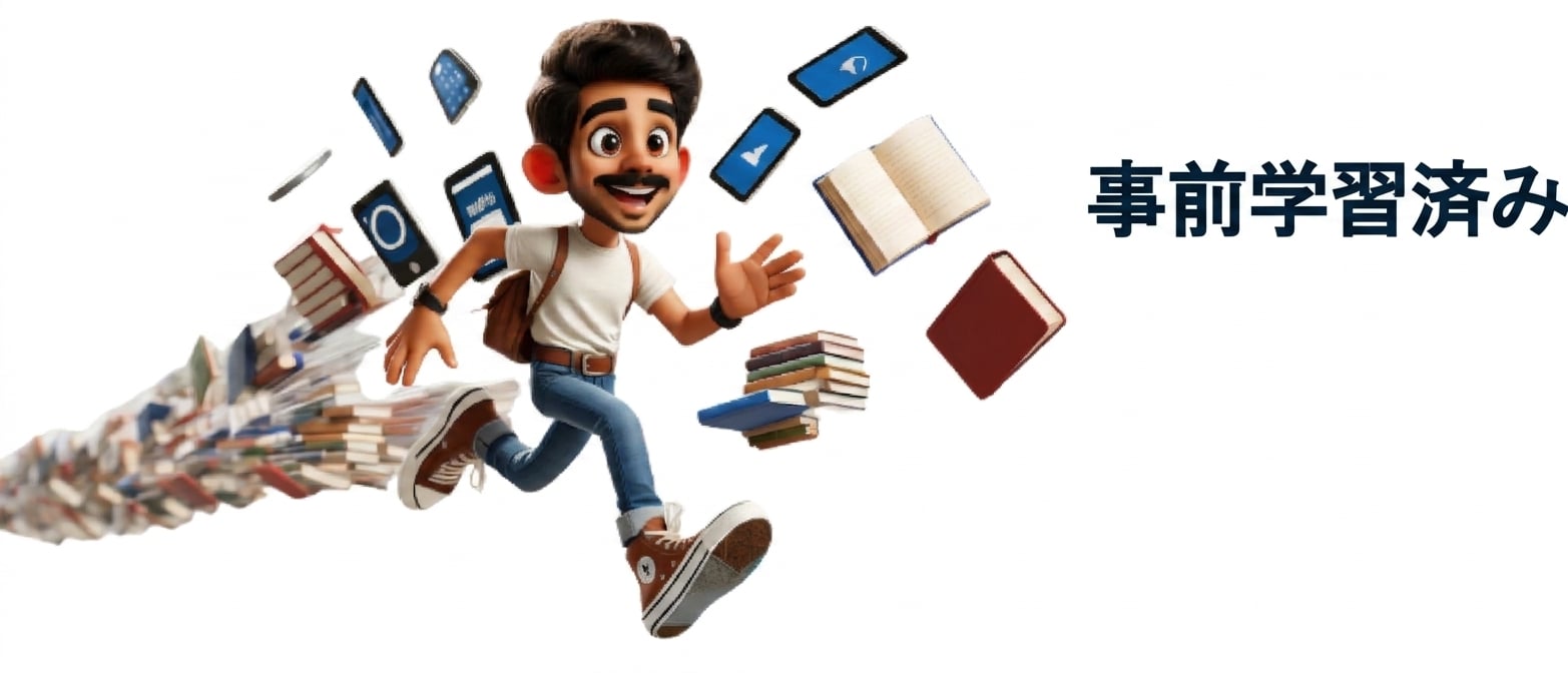 本や電子機器を引き連れて走る男性のイラスト。右に「Pre-trained」の語