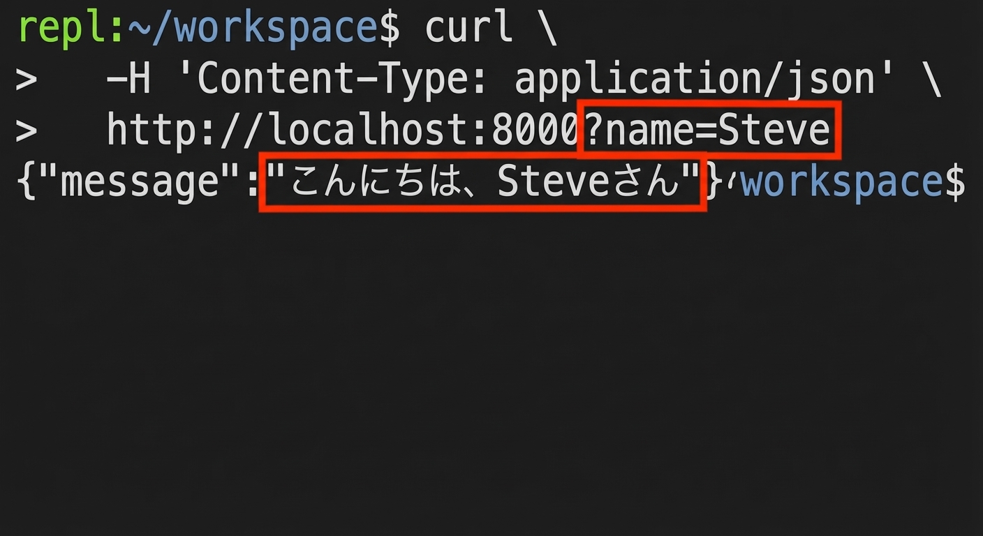 名前を指定した curl リクエストの端末。応答は "Hello Steve."。