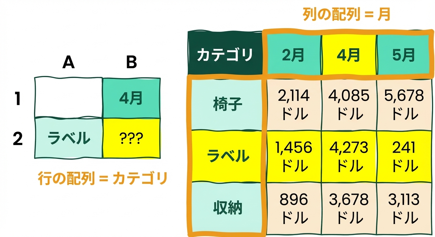 INDEXとMATCH関数の使用例を示す5列4行の表