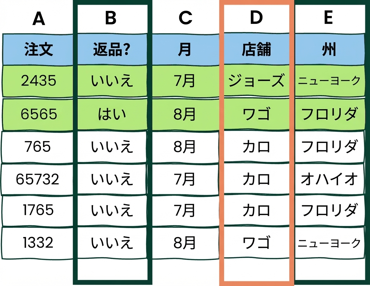 AND が2つと OR が1つの条件を持つ Excel 表の例