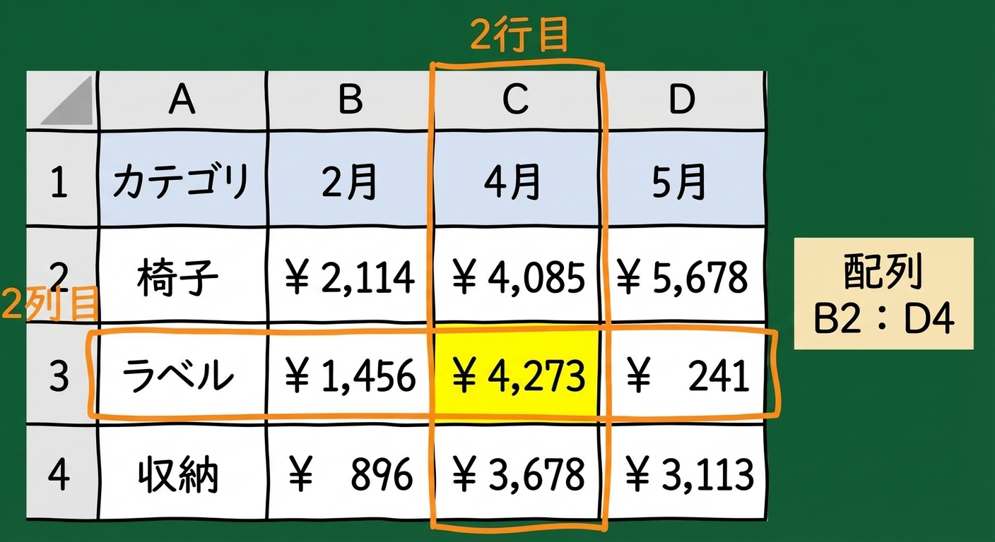 INDEX関数の使用例を示す4列3行の表