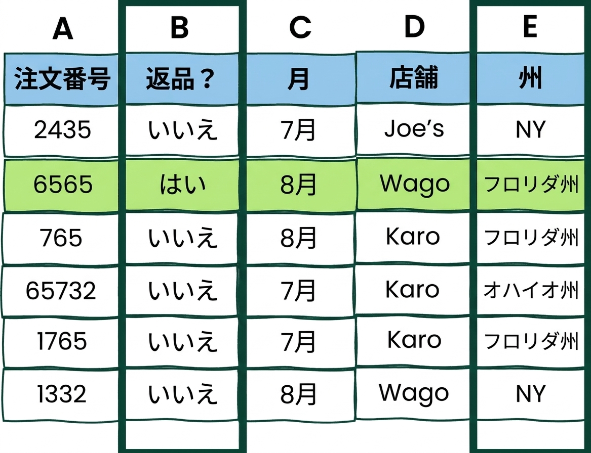 AND 条件が2つの Excel 表の例