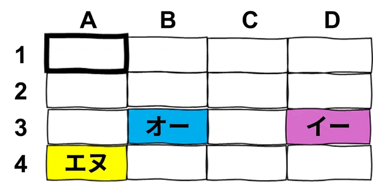 An Excel table with several coloured cells with letters