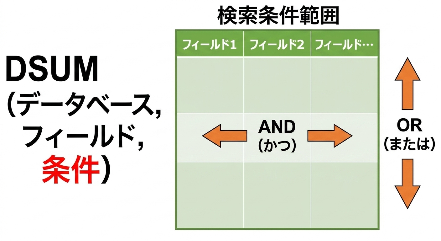 ExcelのDSUM()関数の構文と条件テーブルの説明