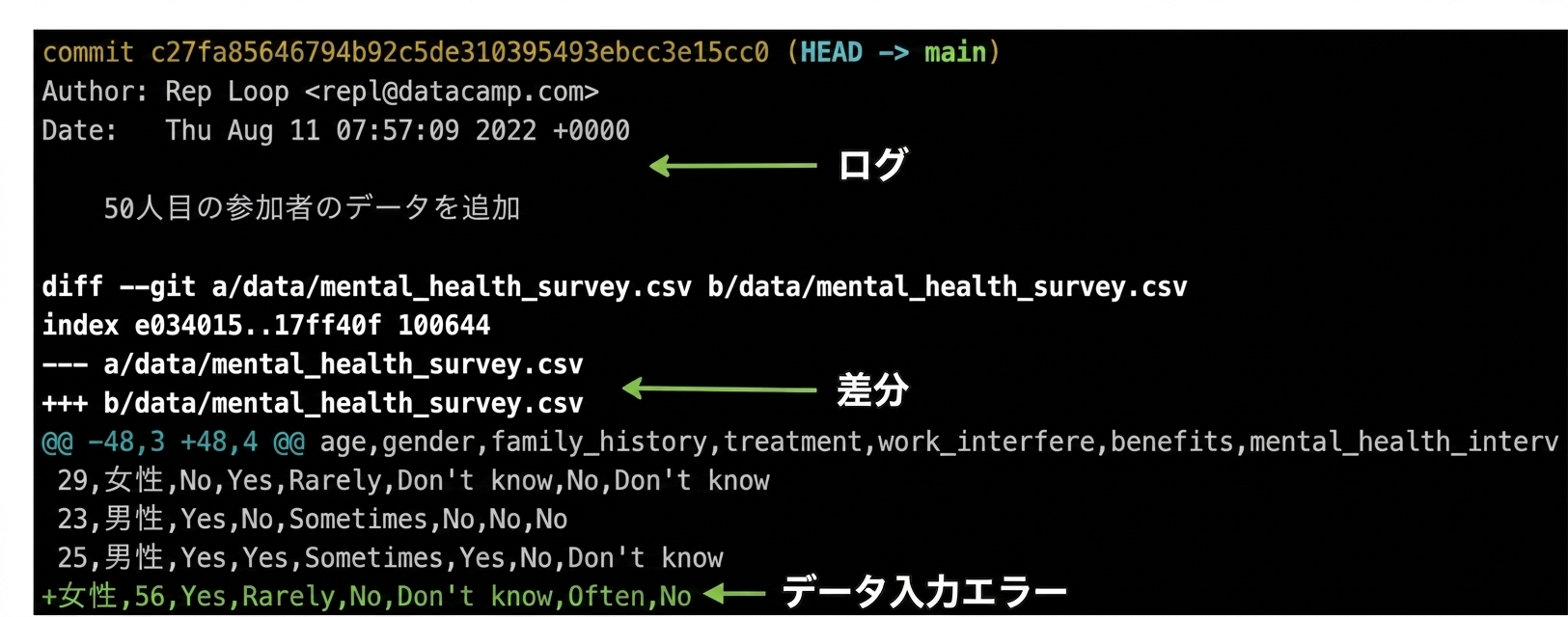 git showの結果。上部に git log結果、下部にgit diff 結果が表示され、最下部に誤ったデータ入力がある