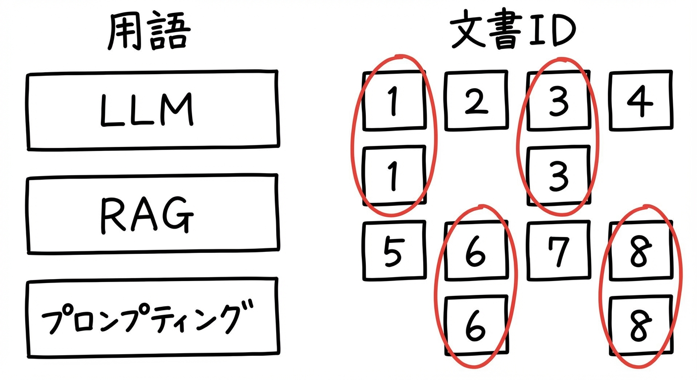 特定の語を含む文書のうち、より多く含む文書が強調されている図。