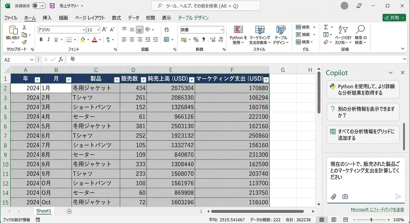 衣料品データを表示したExcelドキュメントが開かれており、右側にCopilotチャットが開いていて、ユーザーが現在のシートで製品ごとの平均マーケティング費用を計算するよう入力している