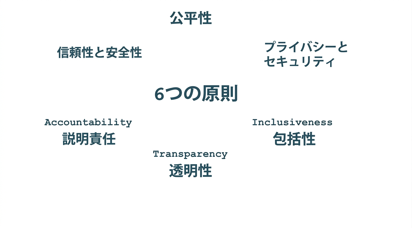 「6つの原則」と書かれ、その原則を示す用語で囲まれている：公平性、プライバシーとセキュリティ、信頼性と安全性、説明責任、包摂性、透明性。