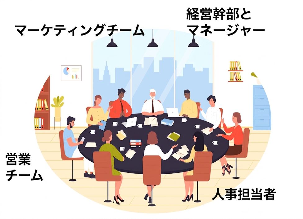 会議室の大きな会議テーブルを囲んで座る、多様な専門職のグループのイラスト。マーケティング、営業、人事の担当者や経営幹部が含まれています。