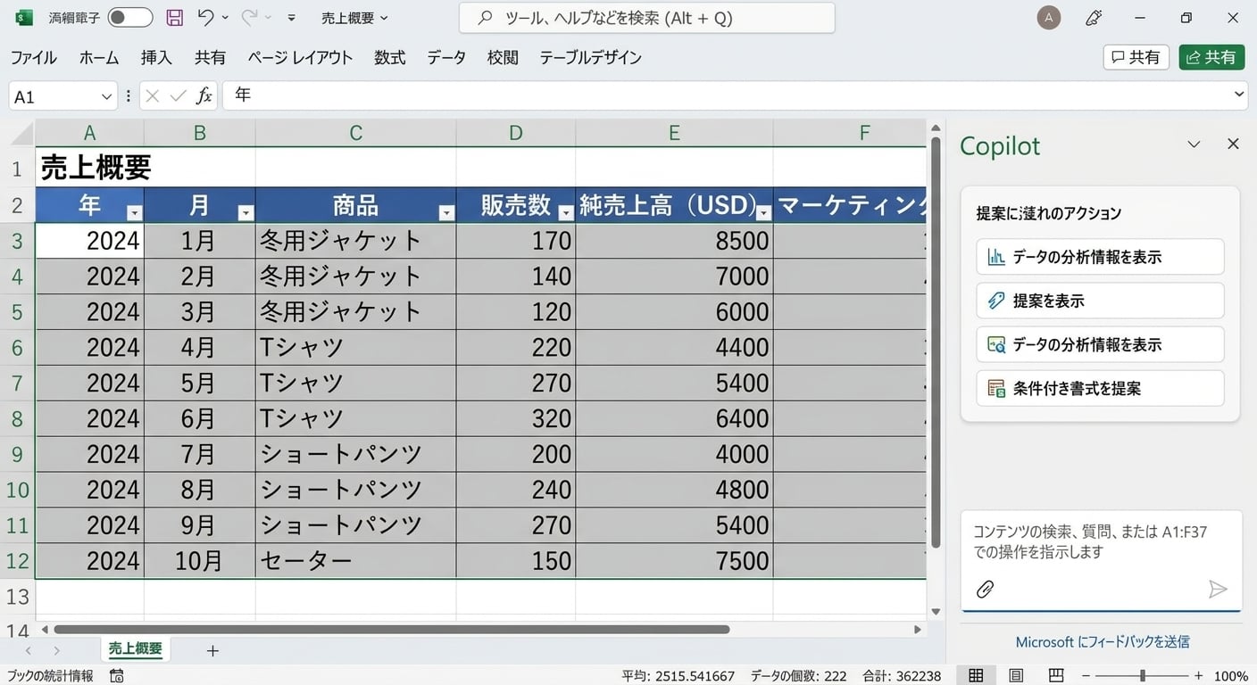衣料品製品のデータを表示する開いたExcelドキュメントと、サイドにCopilotチャットが開かれ、ユーザーがデータのインサイトを表示するよう求めている画面。