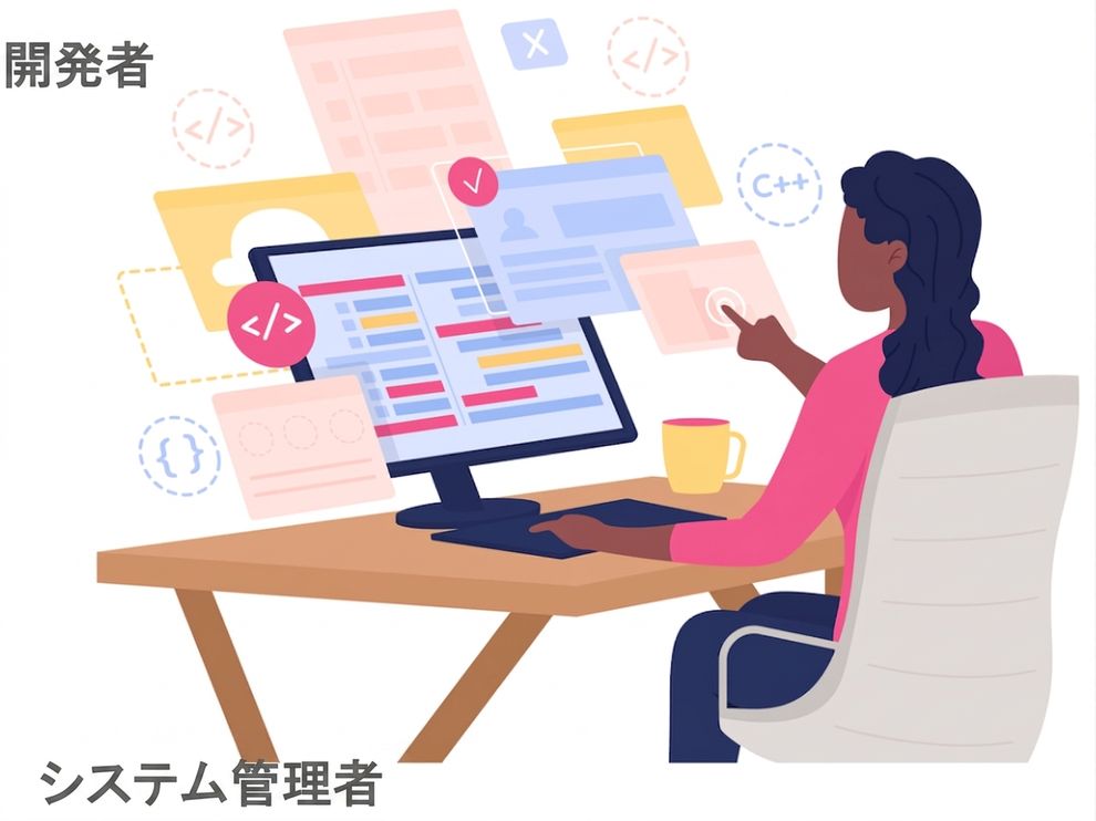 コードやシステム画面を表示した複数のスクリーンのあるデスクで作業する開発者またはシステム管理者。技術職を表しています。