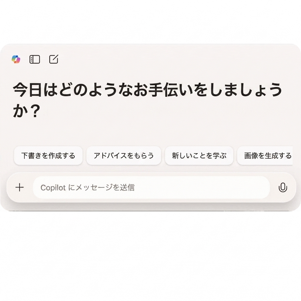 「Microsoft Copilotとは？」というテキストと出力が表示されたCopilot WebインターフェースのGIF。