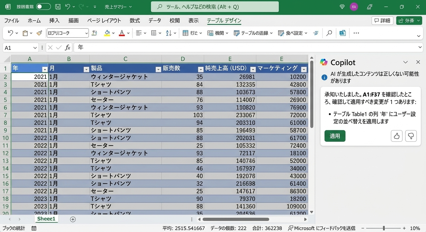 衣料品データを表示したExcelドキュメントが開かれており、横にCopilotチャットが開いていて、ユーザーがYear列で並べ替えるよう依頼している。