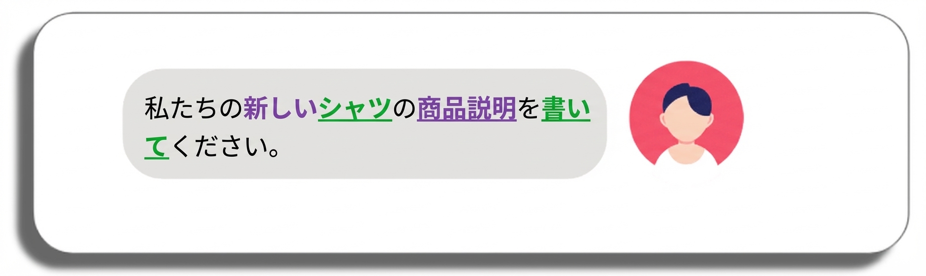 新しいシャツの商品説明を書いて（product description、new、write、shirt を強調）