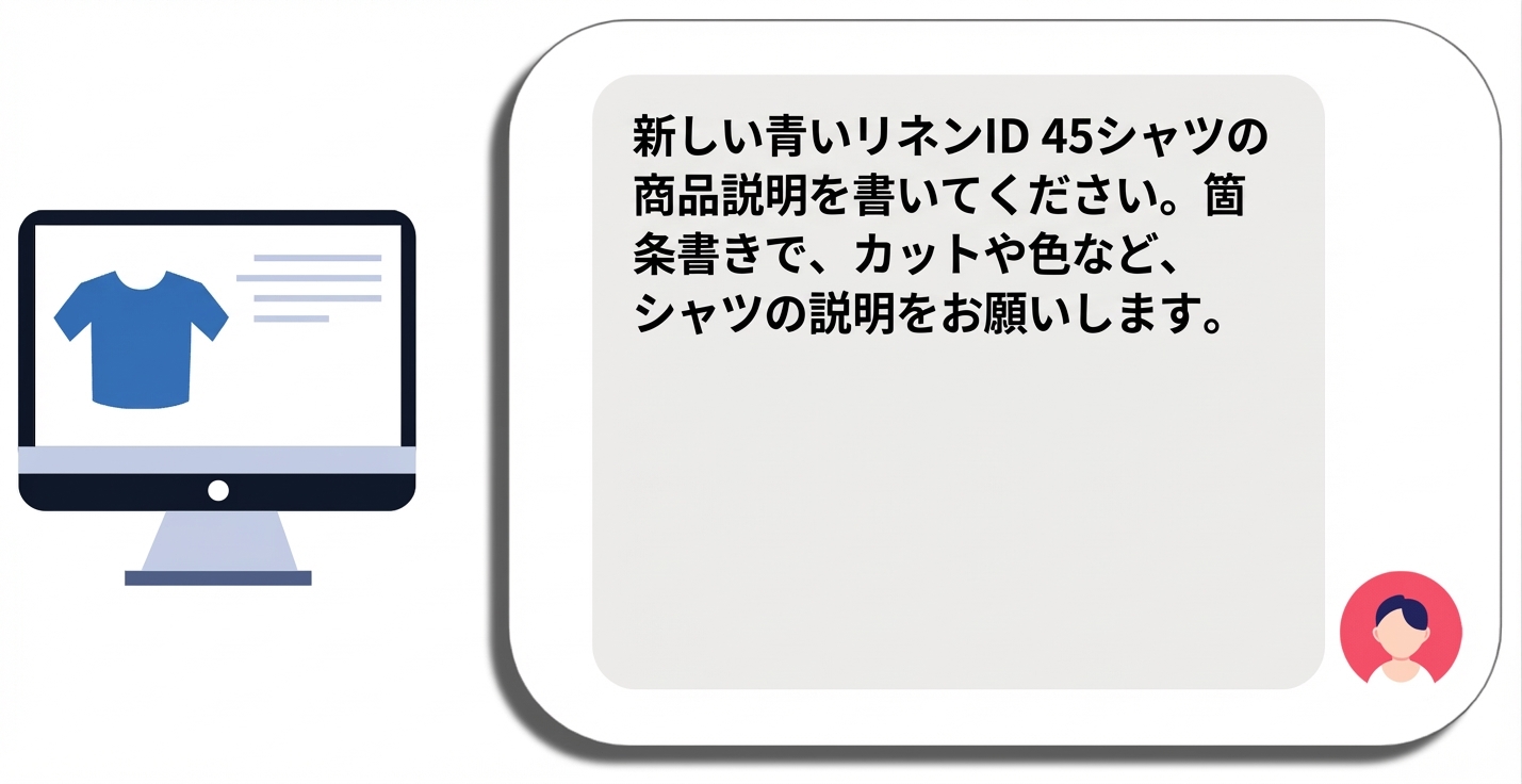 特定の商品名と要望を入れたシャツの商品説明用プロンプトの書き始め