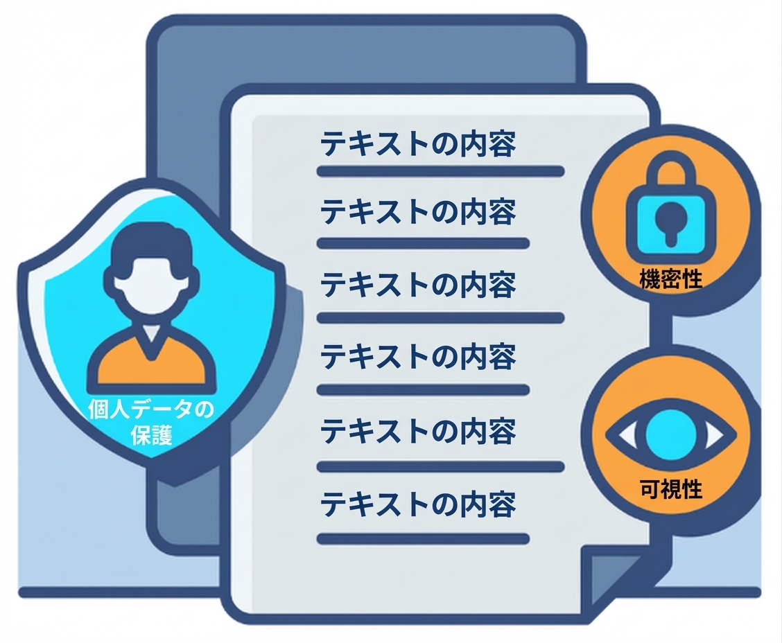 施策検討を表す、鍵や目などのアイコン付き書類のイラスト
