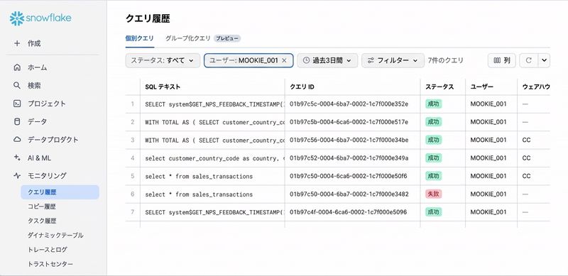 クエリ履歴の表示GIF