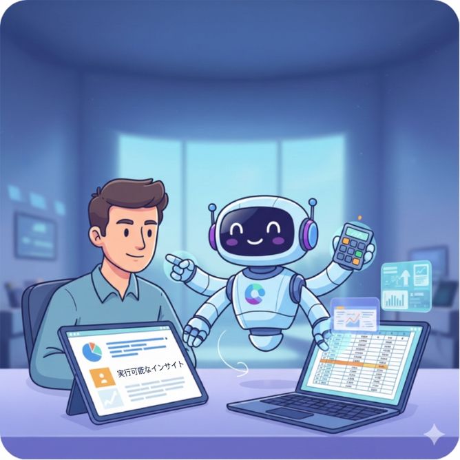 スプレッドシートやグラフを分析する親しみやすいロボットと働く人のイラスト。Copilot がデータの洞察を支援する様子を表しています