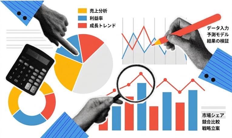 グラフや計算機を使ってデータを分析する手のイラスト。Copilot が数値を洞察に変える様子を表しています
