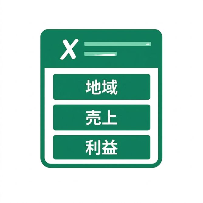 「地域」「売上」「利益」のラベル付き列が並ぶ緑色の Excel シートのイラスト。明確なデータ整理を表しています