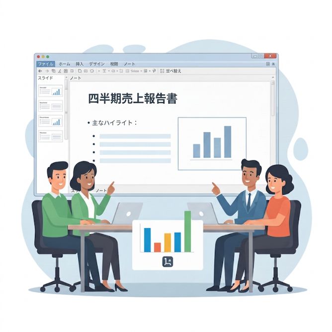 会議室で「四半期売上レポート」というグラフを発表する人々のイラスト。Word と PowerPoint でのデータの可視化を表しています
