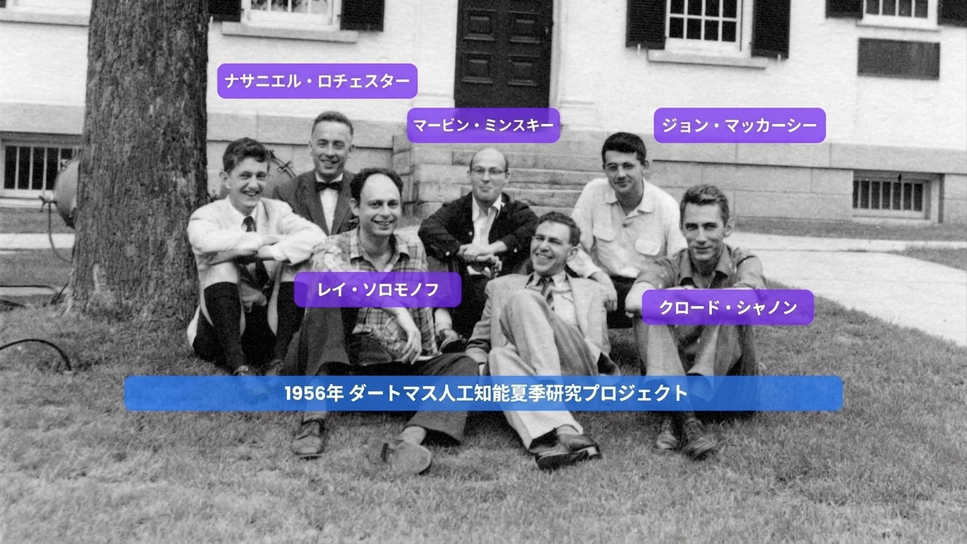 Historical photo style image of 1956 Dartmouth conference with researchers