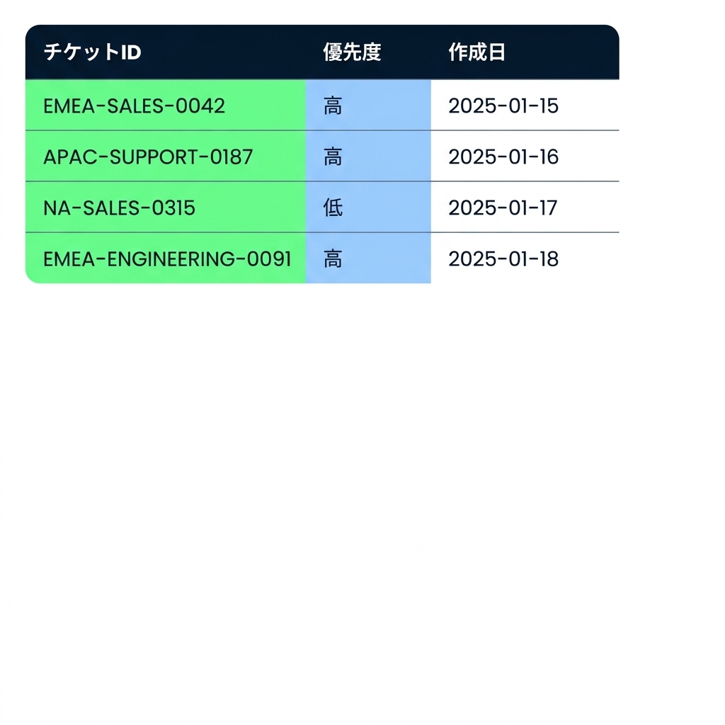 詰め込まれた Ticket ID 列と、大文字小文字が混在する Priority 列を強調した Tickets テーブル