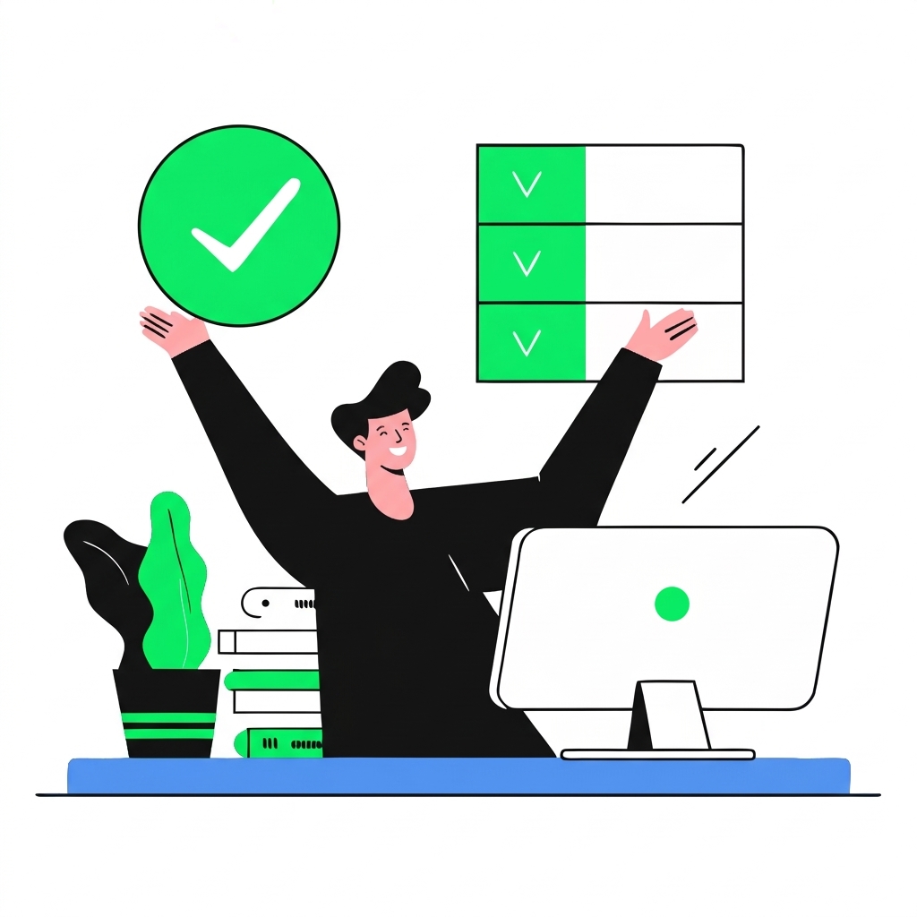 recraft: half: モニターで合格を示す緑色のテスト結果を見て喜ぶ開発者。チェックマークとデータベースのアイコンが添えられている