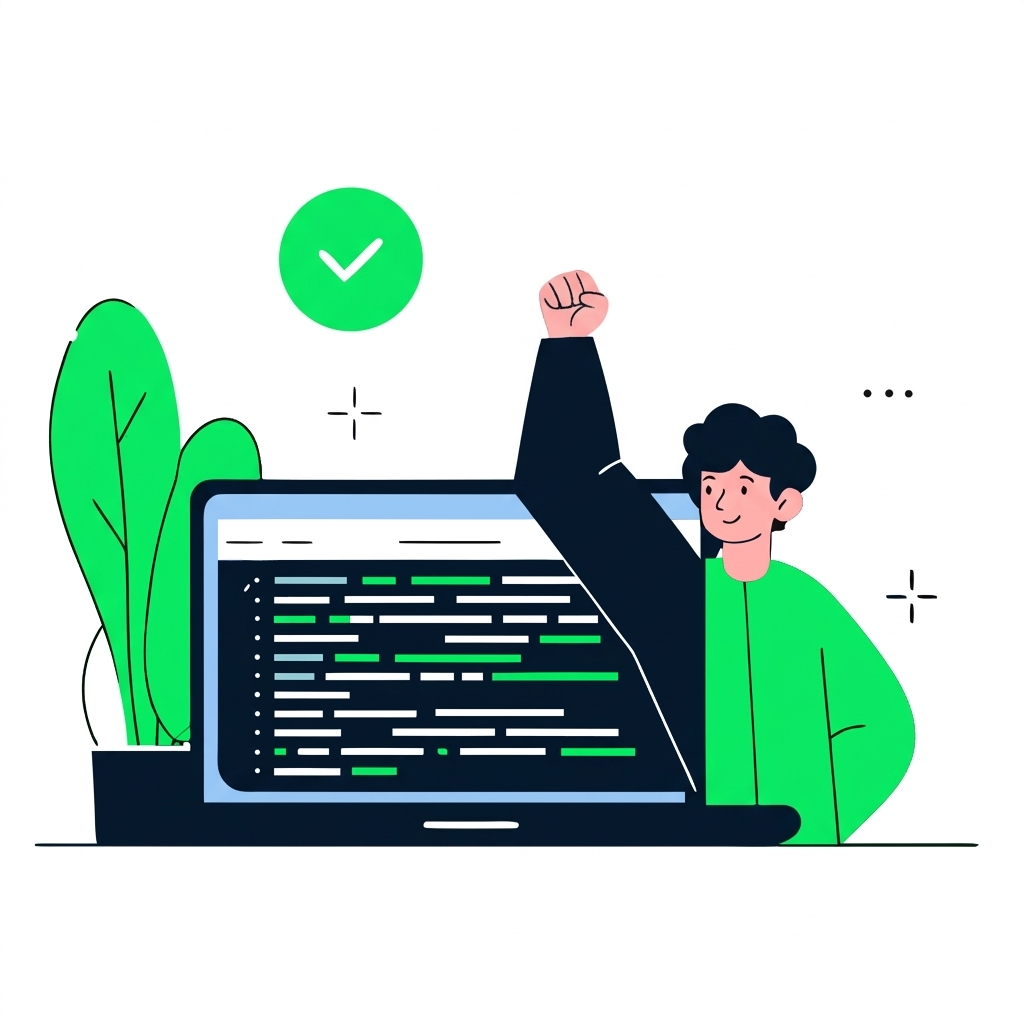 recraft: half: 完成したコードプロジェクトとチェックマークが表示されたノートパソコンで喜ぶ開発者