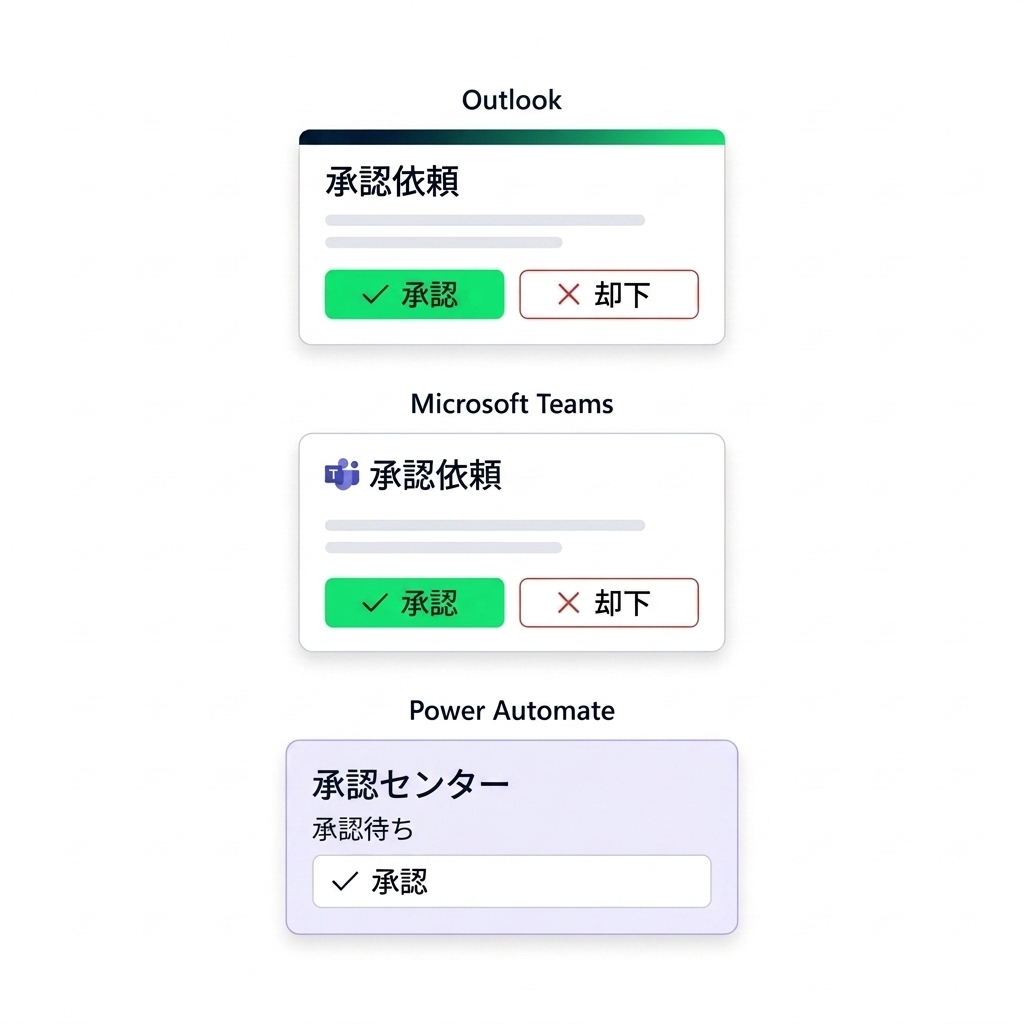 承認通知が3つのチャネルに届く様子を示す概念図。上から順に、[承認]と[却下]ボタン付きの Outlook メール、同じリクエストを表示する Microsoft Teams のアダプティブ カード、Power Automate の承認センター