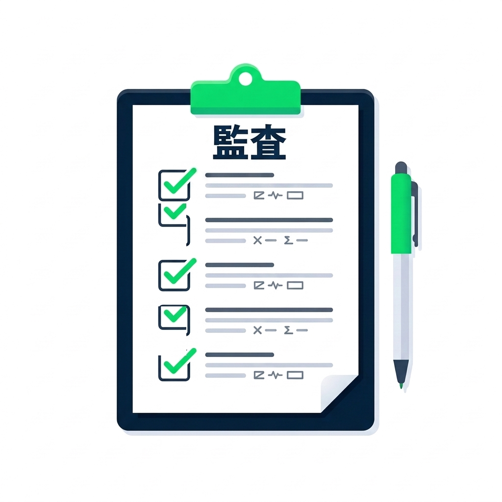 白背景に描かれたシンプルでモダンなイラスト。「AUDIT」と書かれたクリップボードに5つのチェックリスト項目があり、すべてにチェックボックスが付き、緑色のチェックマークで完了済み。右側にはペンが描かれ、デプロイ前の監査チェックリストが完了したことを表現