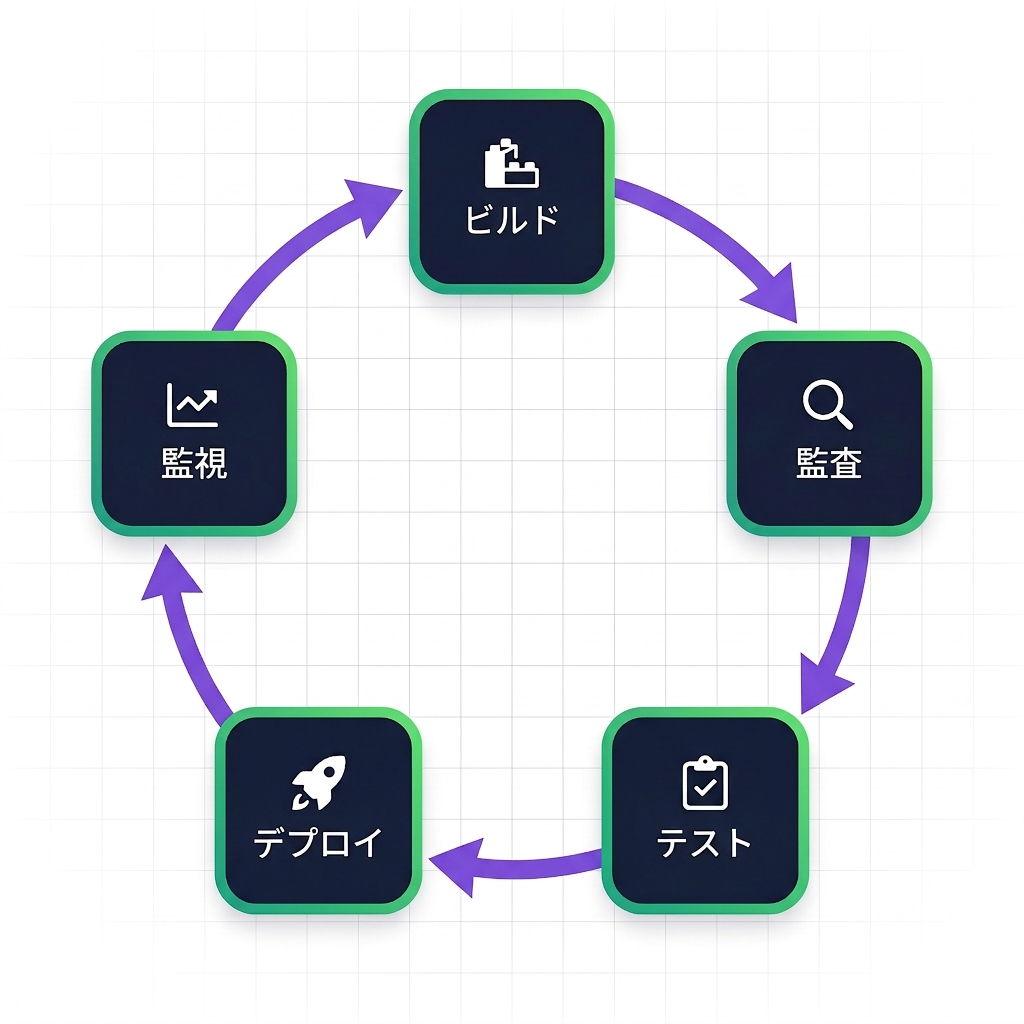 責任あるフローのライフサイクルを閉じたループとして示す円形の概念図。濃紺の丸いノードが5つ、円周上に時計回りに配置され、それぞれに白いアイコンとラベルが付いている。上部に建設ブロックのアイコンの「Build（構築）」、右上に虫眼鏡のアイコンの「Audit（監査）」、右下にクリップボードとチェックマークのアイコンの「Test（テスト）」、左下にロケットのアイコンの「Deploy（デプロイ）」、左上にグラフ線のアイコンの「Monitor（監視）」が並ぶ。紫色の曲線矢印がBuildからAudit、Test、Deploy、Monitorへと時計回りに流れ、最後にBuildへ戻ってサイクルを閉じる