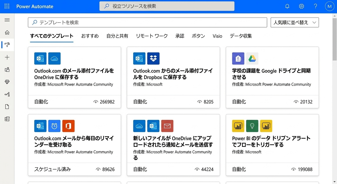 Power Automate のテンプレートギャラリー。2つの枠で強調表示：上部の検索テンプレートフィールドを囲む赤枠、中央の「Outlook.com の添付ファイルを Dropbox に保存」カードにある Microsoft 作成バッジを囲む黄色枠