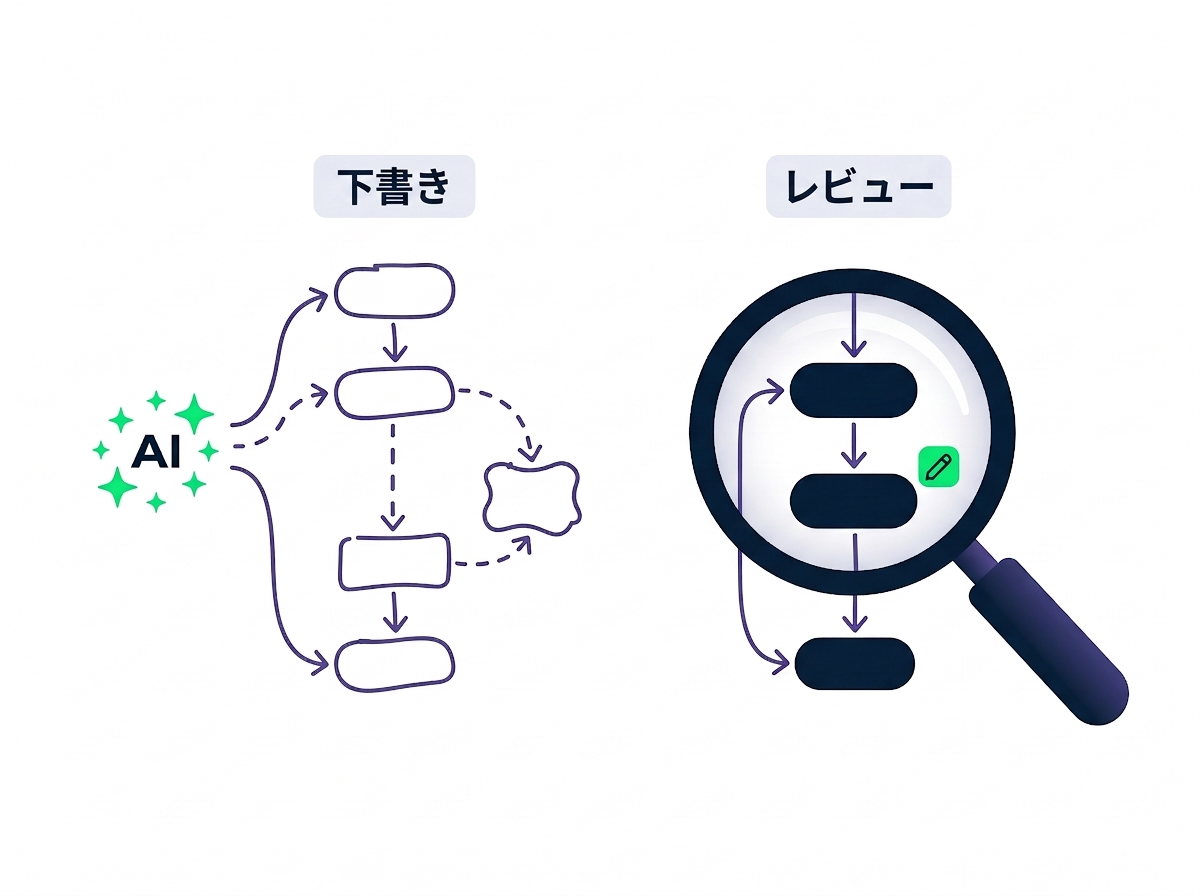 下書きと確認の概念図。左側にはキラキラしたAIアイコンが破線とゆがんだノードを持つ粗いスケッチのフローを生成し、右側には鉛筆編集バッジ付きの明確な3ステップのフローに虫眼鏡がかざされている