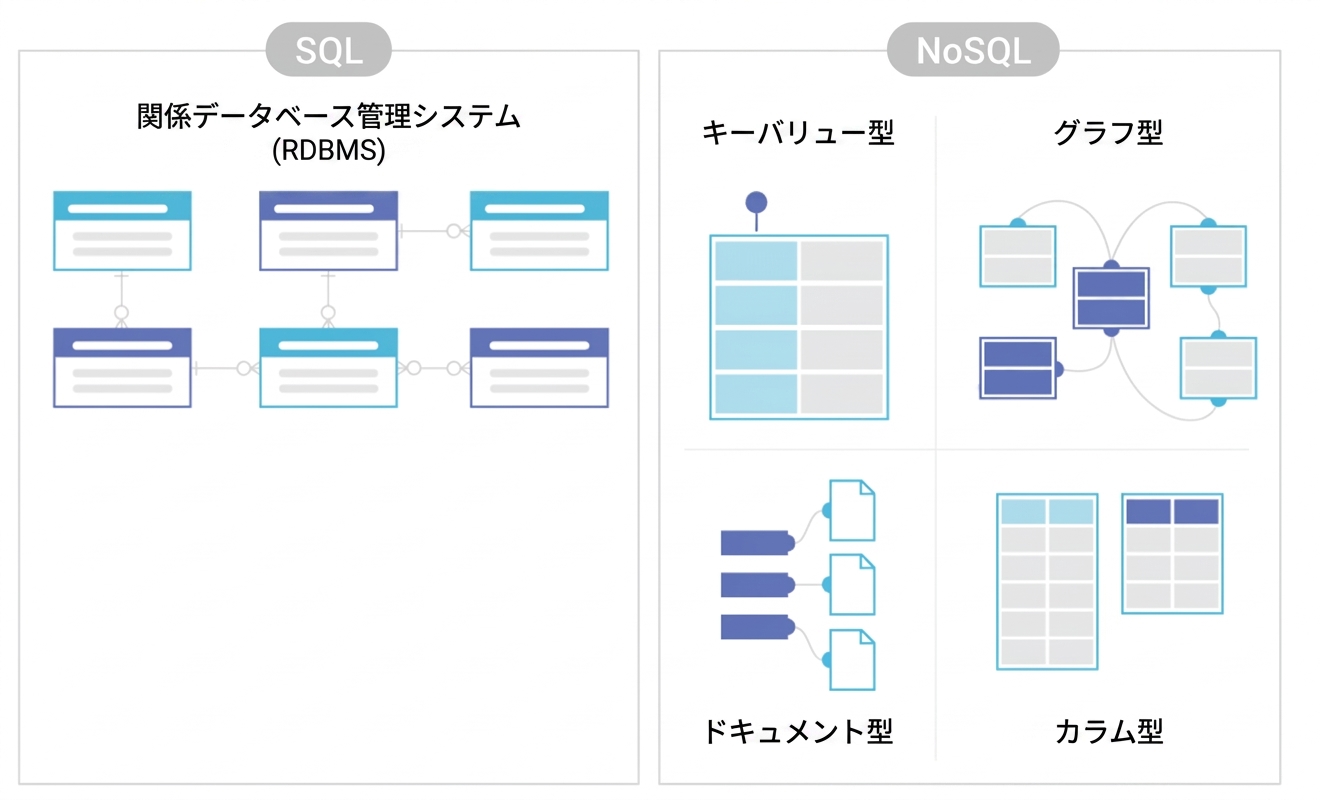 Diagram comparing storage of SQL and NoSQL DBMSs.