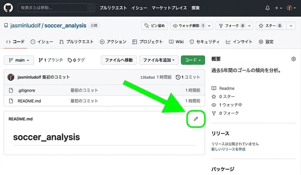 READMEファイルを編集するための鉛筆アイコンが強調表示された、サッカー分析リポジトリの表示