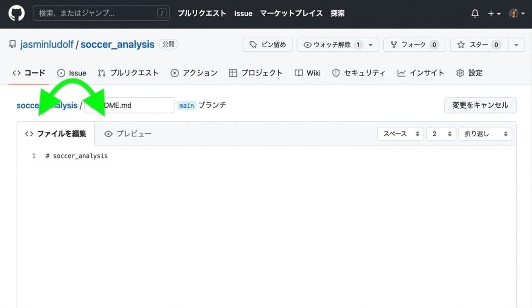 READMEファイルの表示。編集タブとプレビュータブが強調表示されている