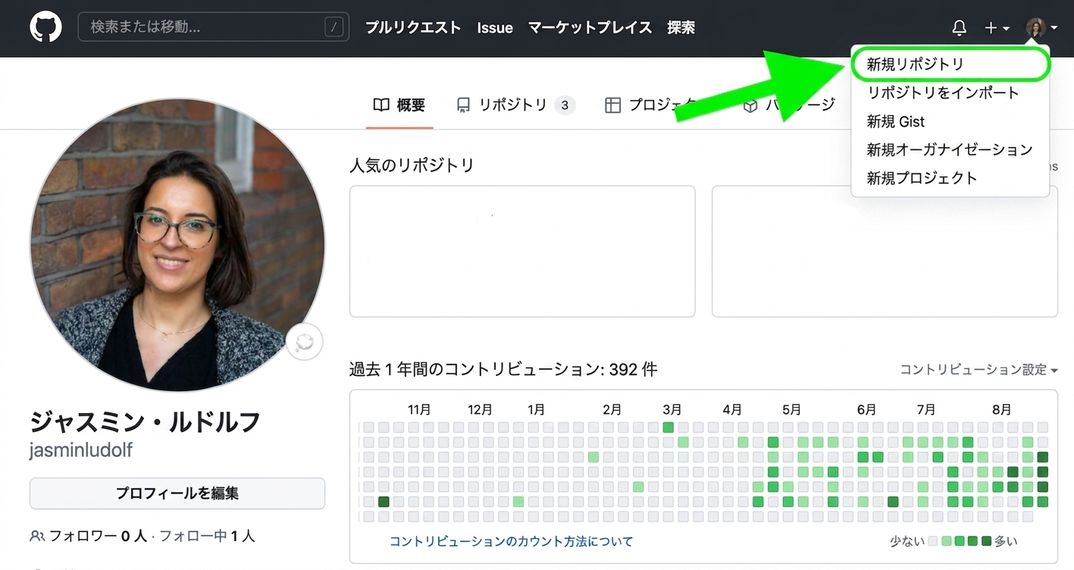 GitHub プロフィールビューで、ドロップダウンメニューの新しいリポジトリオプションが緑色の矢印で示されている