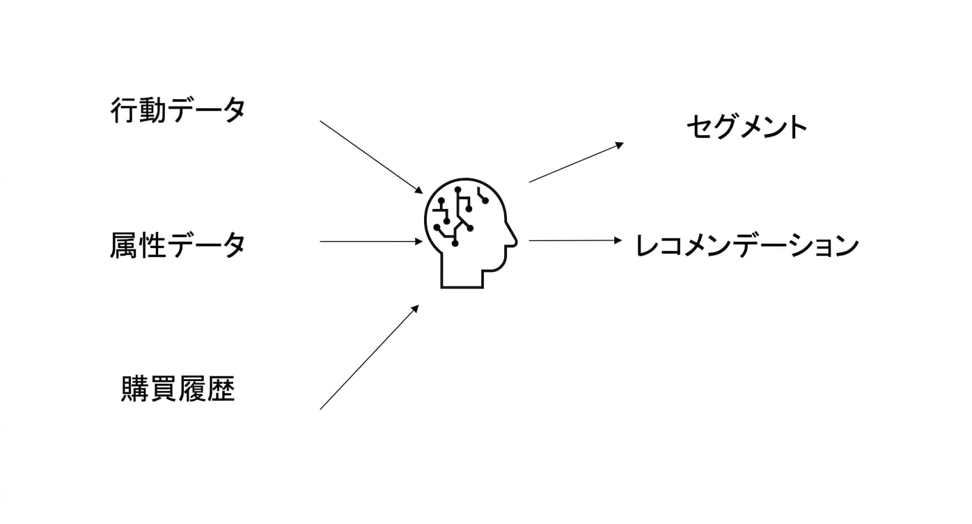 AI における行動データ、人口統計データ、購入履歴データが使用され、その結果レコメンデーションが生成される。