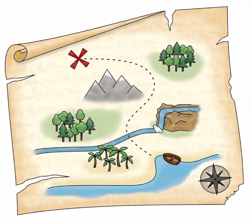 Image representing a treasure map along with some clues to find the treasure.