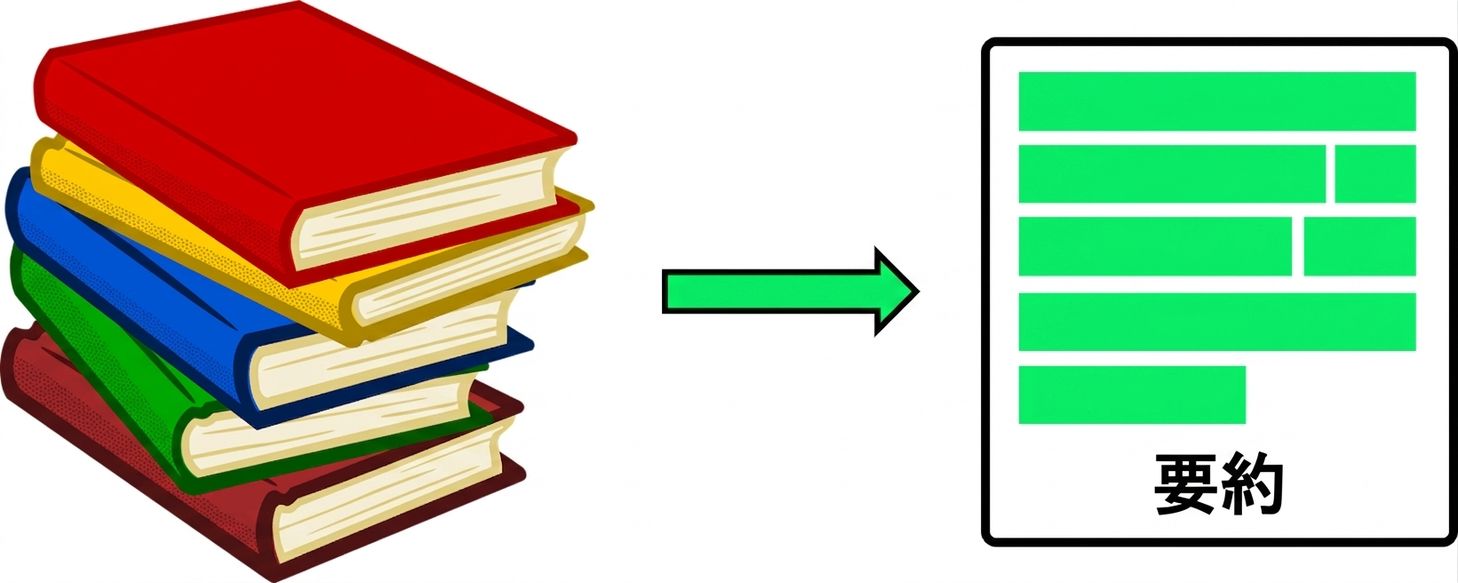 Image showing how summarization changes a pile of books into a document containing a summary.