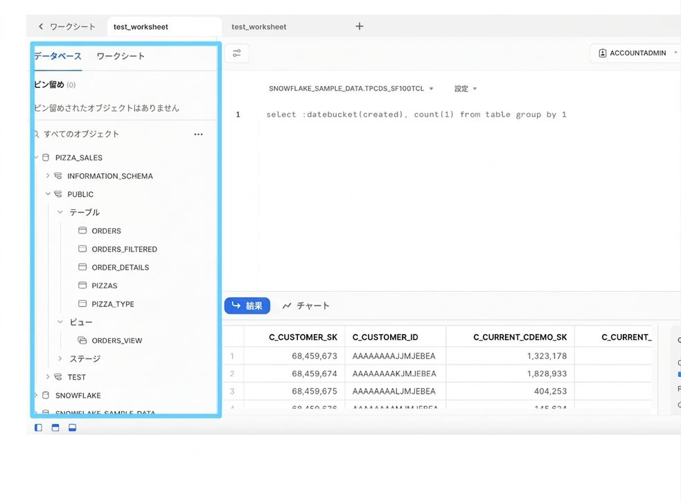 Snowflake Web UI の左側パネルの画像。データベースオブジェクトとワークシートを表示