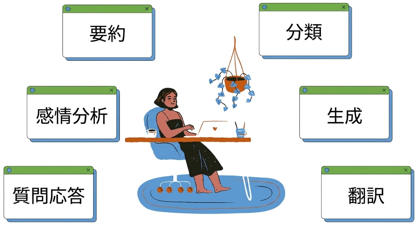 机に座り、周囲に複数のタスクがある人物がテキスト生成と翻訳を表現している